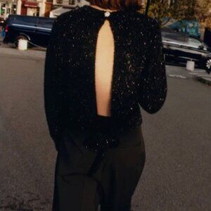Zara Black Backless Tinsel Sweater with Jeweled Button (NWT)
